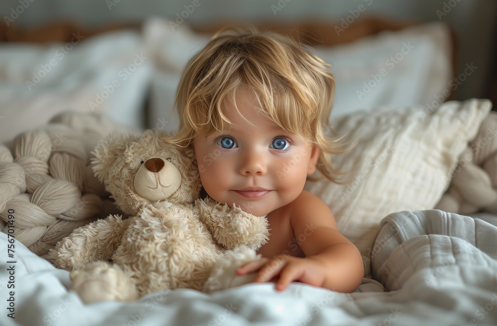 a little girl is laying on a bed holding a teddy bear a little girl is laying on a bed holding a teddy bear