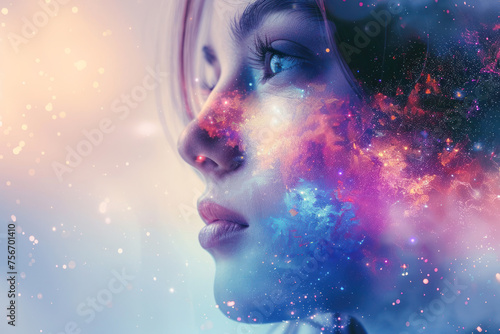 A creative portrait of a woman's profile blending into a vivid cosmic nebula, symbolizing imagination and dreams. 