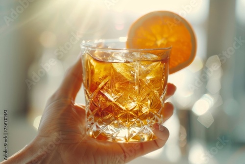 Elegant hand holding an Old Fashioned cocktail against a stark white background