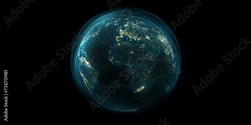 Globus zeigt vernetzte Länder im Dunkeln: Symbol für globale Verbindung und Technologie. Concept Innovative Technology, Global Connectivity, Sustainable Development, World Unity, Sustainable Energy photo