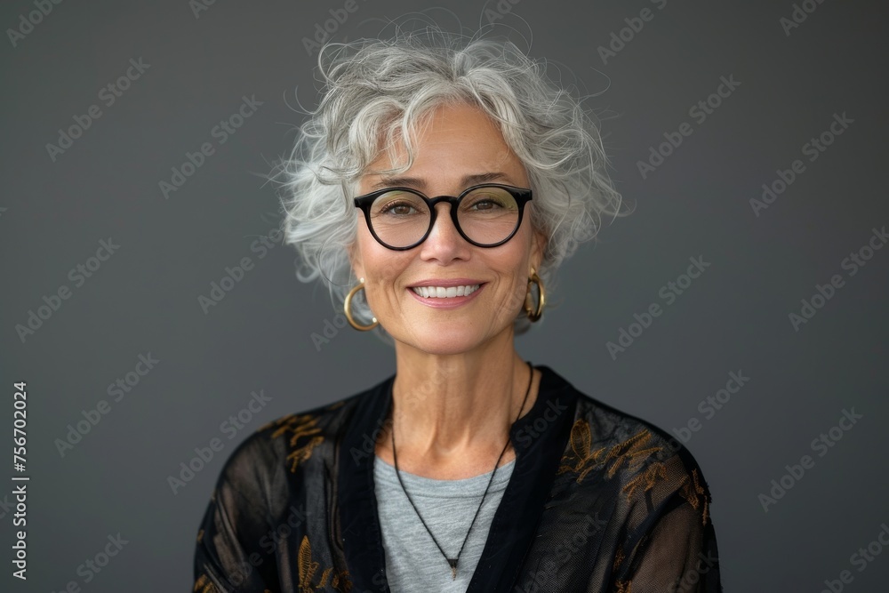 Elegant older woman with glasses smiling at the camera on a gray background