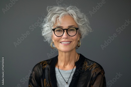 Elegant older woman with glasses smiling at the camera on a gray background