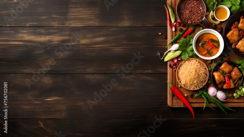 Asian food background with various ingredients on rustic stone background, top view. Vietnam or Thai cuisine