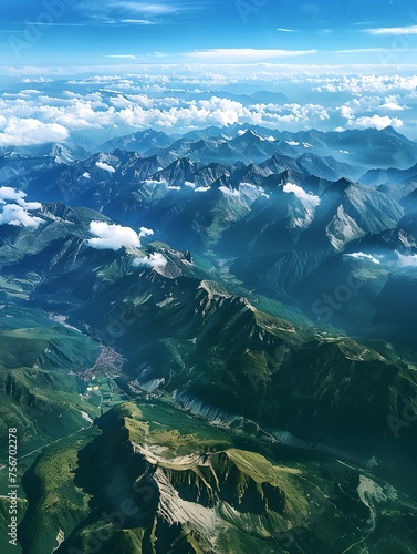Summertime aerial view showcasing the breathtaking French Alps, with its majestic mountains and lush valleys.