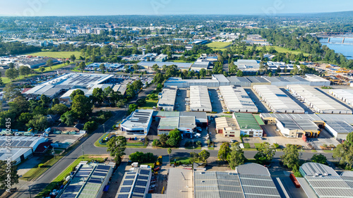 Drone aerial photograph of industrial buildings and surroundings in the Nepean Business Park in the greater Sydney suburb of Penrith in New South Wales in Australia photo