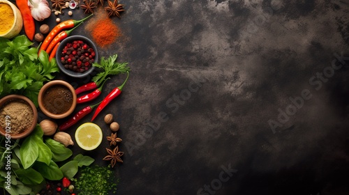 Asian food background with various ingredients on rustic stone background, top view. Vietnam or Thai cuisine © Damerfie