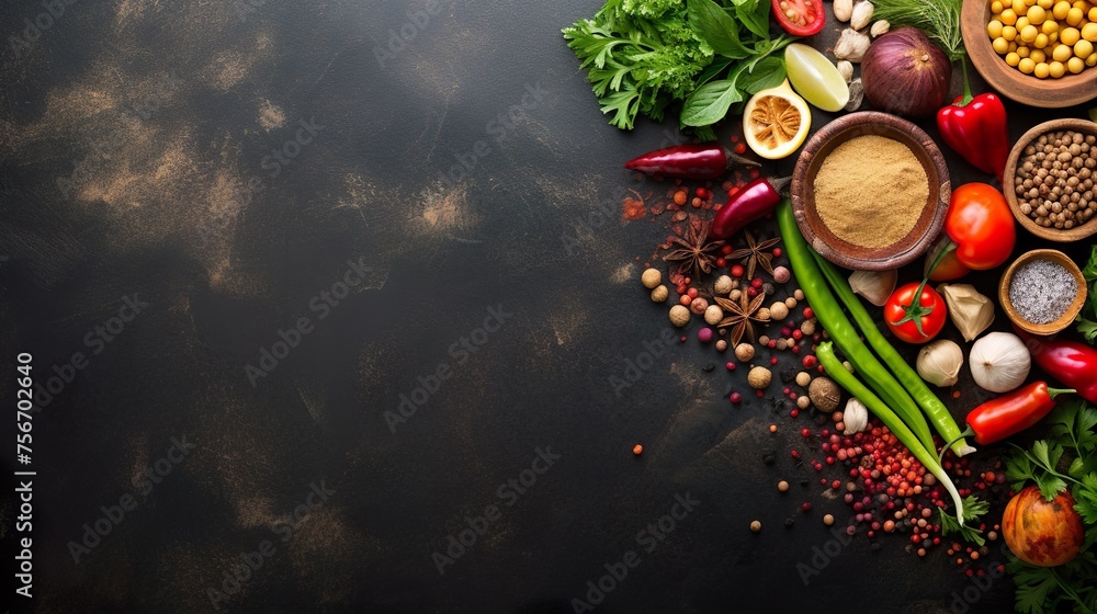 Asian food background with various ingredients on rustic stone background, top view. Vietnam or Thai cuisine Asian food background with various ingredients on rustic stone background, top view. Vietnam or Thai cuisine