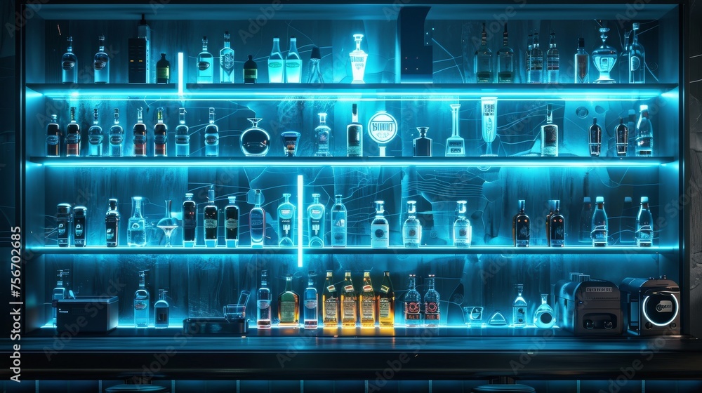 A bar adorned with an abundance of assorted bottles, creating a colorful and vibrant display