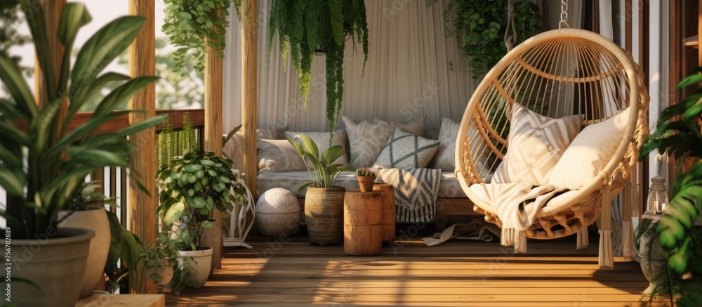 Obraz premium Wooden patio setup with hanging rope chair and green plant.