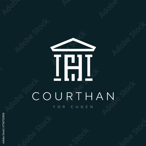 Initial letter TH or HT logo template with geometric court building line art illustration in flat design monogram symbol