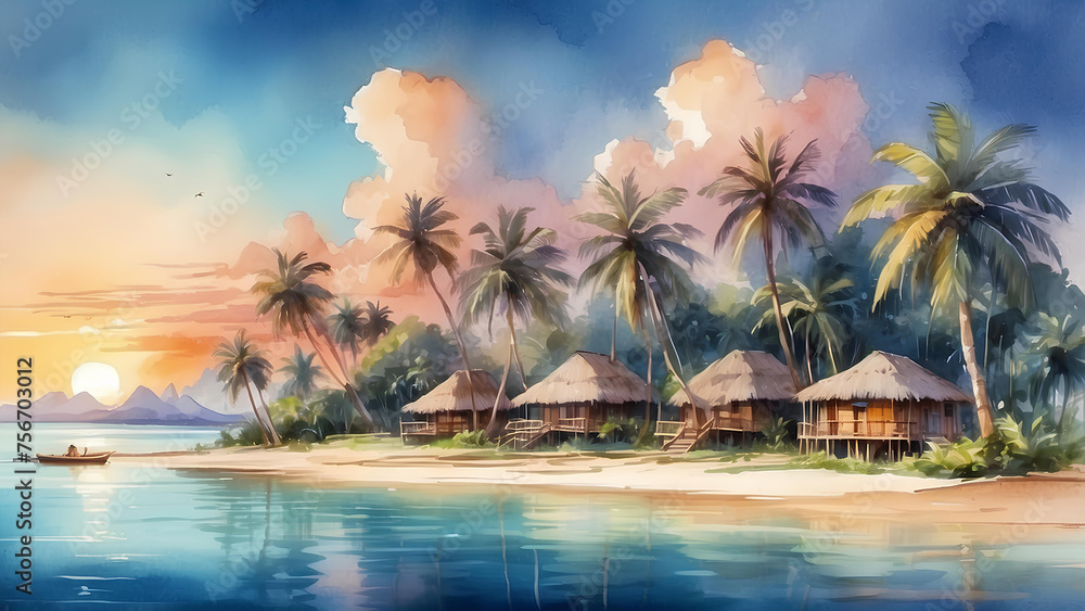 Beautiful exotic island with bungalows at sunset. Tropical paradise landscape. Summer travel and vacation.Watercolor illustration