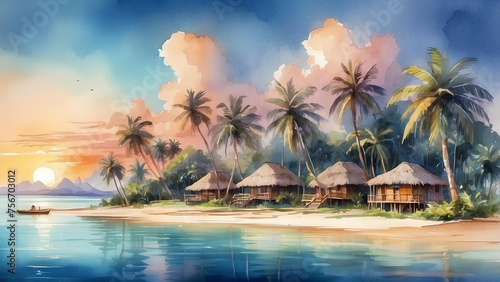 Beautiful exotic island with bungalows at sunset. Tropical paradise landscape. Summer travel and vacation.Watercolor illustration