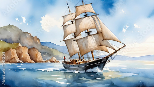 Sailing ship in the sea. Water travel. Watercolor illustration