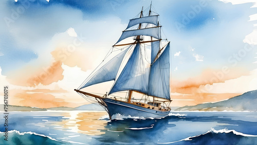 Sailing ship in the sea. Water travel. Watercolor illustration