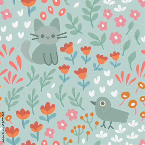Fototapeta Naklejka Na Ścianę i Meble -  Cute seamless pattern with cute animals and floral elements. Vector illustration with cartoon drawings for print, fabric, textile.