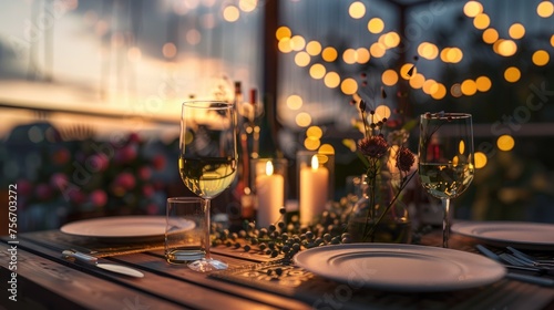 Romantic Outdoor Dinner Ambience with Candles  enchanting outdoor dining table set for two  adorned with lit candles  wine glasses  and soft glowing lights creating a warm  romantic atmosphere at dusk