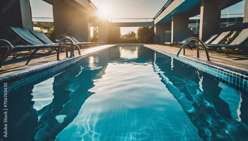  The electric blue sun is mirrored in the aqua liquid of a leisure centres swimming pool, creating a fun and relaxing atmosphere for recreation