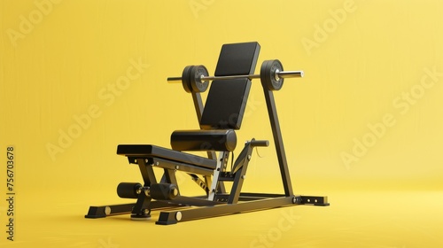 A weight machine stands in front of a bench against a vibrant yellow backdrop photo