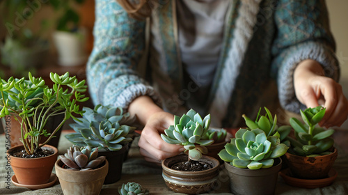 Nurturing Nature: Woman Tenderly Taking Care of Her Plants in the Comfort of Her Cozy Living Room