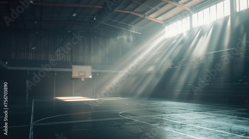 Warm Sunset over Empty Basketball Court, Golden sunlight bathes an empty basketball court, casting long shadows and a serene atmosphere in an otherwise energetic sports arena