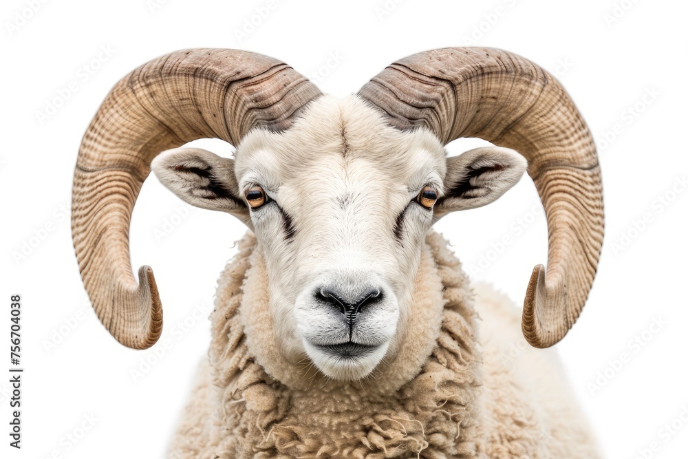 Portrait of a majestic ram with large horns isolated on white background Portrait of a majestic ram with large horns isolated on white background