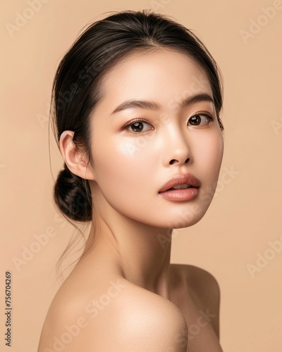 Photo of an Asian female model on neutral beige background