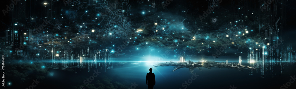 Man observing cosmic sky and futuristic cityscape in sci-fi banner