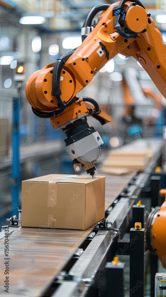 Parcel box on conveyor belt in warehouse shipped by automated robot arm in factory.
