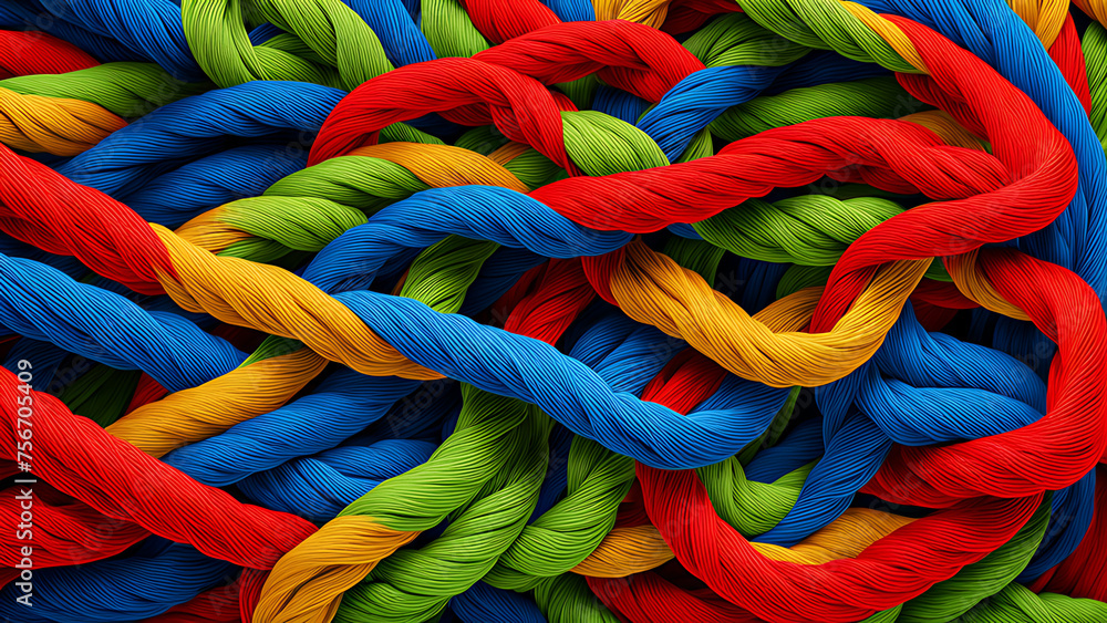 A lot of colorful ropes are intertwined with each other. embodies the network, teamwork
