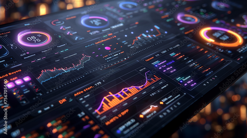 A digital dashboard displaying various graphs and charts, representing data analysis in the financial industry. The background is dark with neon purple highlights, creating an atmosphere of advanced t