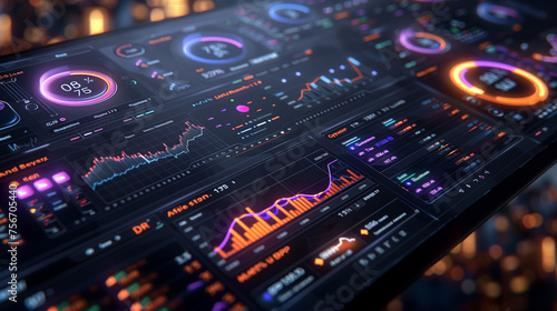 A digital dashboard displaying various graphs and charts, representing data analysis in the financial industry. The background is dark with neon purple highlights, creating an atmosphere of advanced t