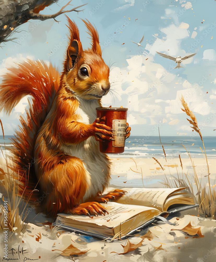 Ilustracja wiewiórki na plaży z książką herbatą - obrazy, fototapety, plakaty 