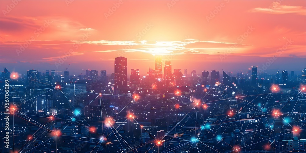 Global Internet Technology: Urban Landscape integrated with Connected Network Nodes. Concept Smart Cities, Internet of Things, Urban Planning, Data Connectivity, Sustainable Development - obrazy, fototapety, plakaty 