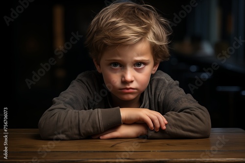 A young boy sits at a wooden table with his arms folded and a sad expression on his face.