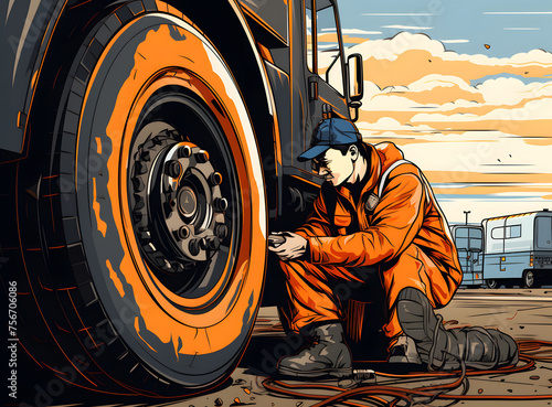 A motivated auto-mechanic in working uniform rolling tire and preparing to change it.