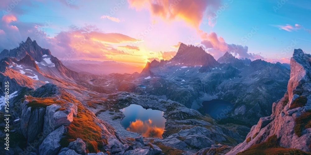 The panorama captures a breathtaking sunset casting golden hues over a majestic mountain range with alpine lakes nestled in valleys. Resplendent.