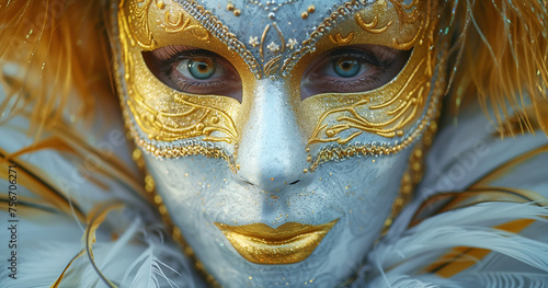 A beautiful woman with blue eyes wearing an intricate gold mask, with golden feathers in the background