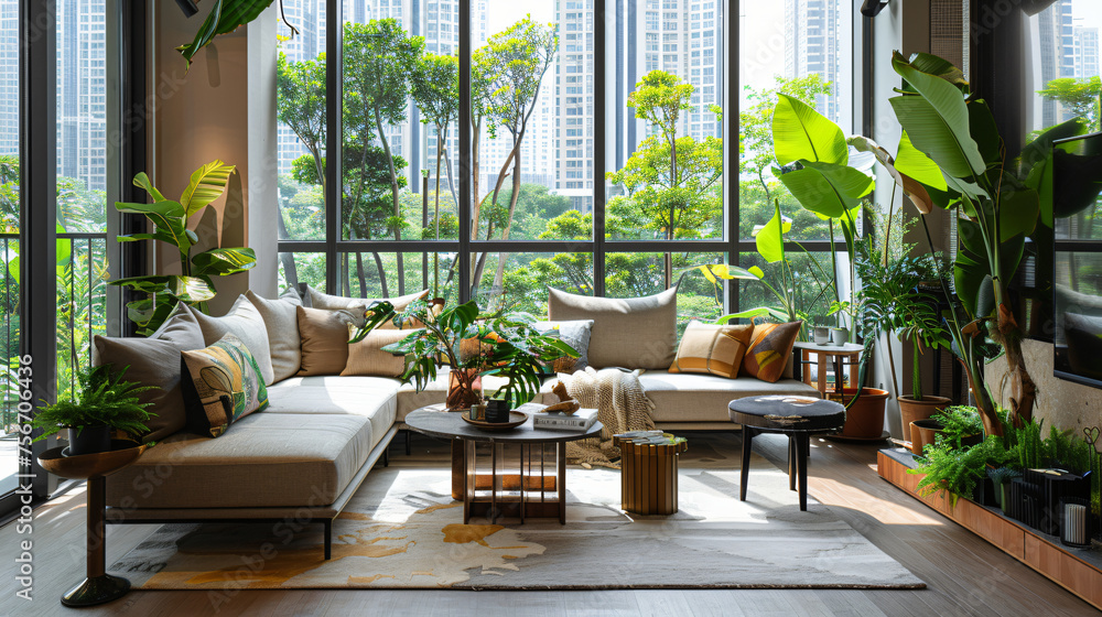 Fototapeta premium Urban Oasis: Discover the fusion of urban living with natural elements. Delve into designs that seamlessly blend city aesthetics with touches of greenery, creating vibrant yet relaxing spaces