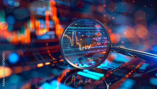 A magnifying glass over an abstract stock market graph The focus is on a digital screen showing real-time global financial symbols such as blue grid lines Generative AI photo