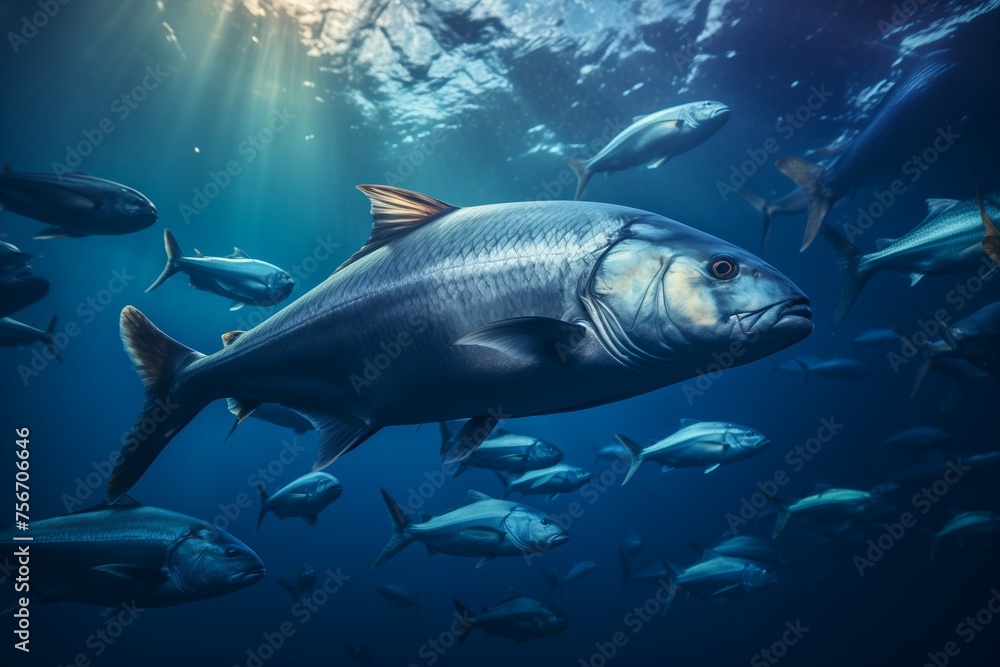 A large group of fish swim together in the vast expanse of the ocean, moving in unison through the clear blue water.