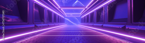 Futuristic corridor banner with neon purple lighting and mountain view