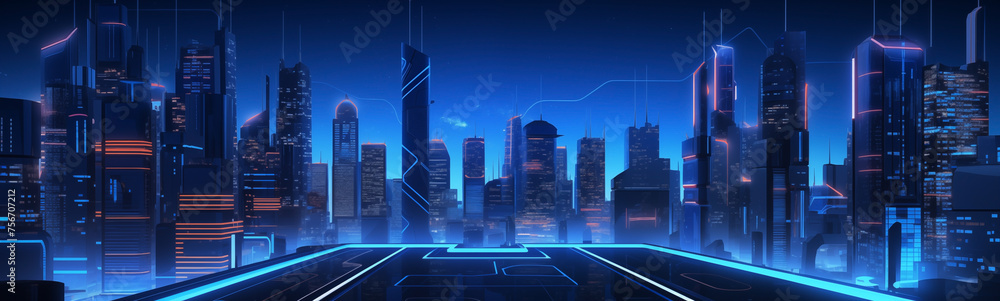Illuminated sci-fi cityscape banner with neon blue accents at night Illuminated sci-fi cityscape banner with neon blue accents at night