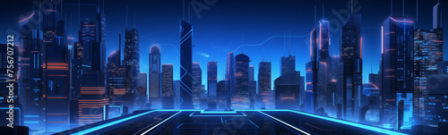 Illuminated sci-fi cityscape banner with neon blue accents at night