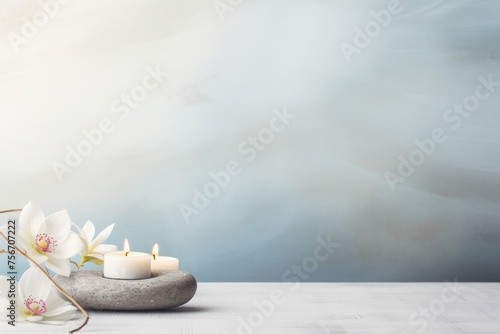 Spa composition. Pebbles, flower, candle. Copy space