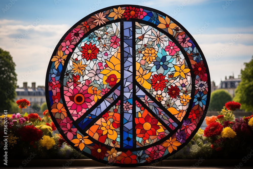 A peace sign crafted from vibrant stained glass pieces, showcasing intricate design and colorful patterns.