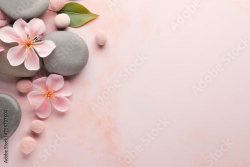 Top view of white flowers with smooth pebbles on pink background. Copy space, spa concept