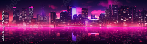 Futuristic city skyline banner with vivid pink reflections at night