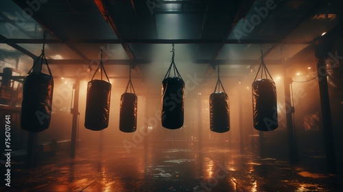Blank Punching Bags in Misty Cinematic Boxing Gym

