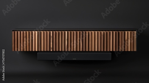 A black shelf with intricate wooden design, casting shadow patterns