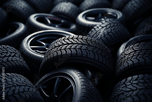A pile of new tires scattered on the ground in a haphazard mannerd, creating a messy scene of rubber products. photo